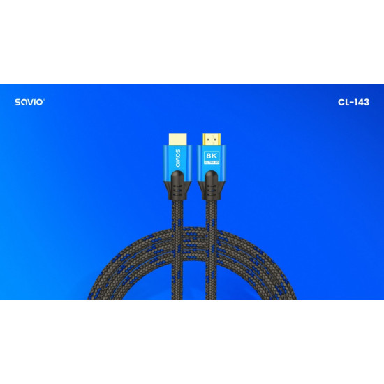 Kabel HDMI (M) v2.1, 3m, 8K, miedź, niebiesko-czarny, złote końcówki, ethernet/3D, CL-143