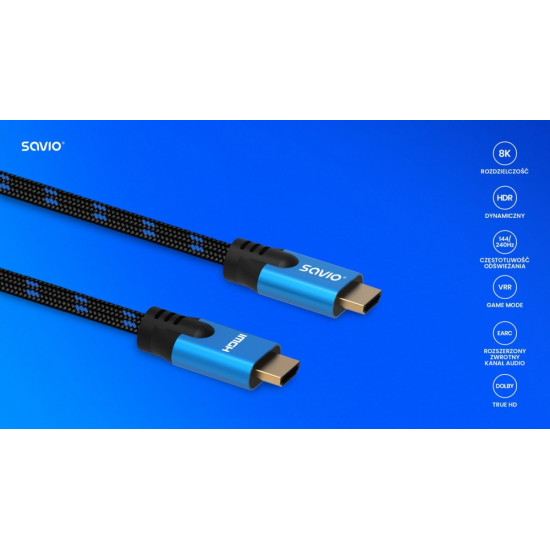 Kabel HDMI (M) v2.1, 3m, 8K, miedź, niebiesko-czarny, złote końcówki, ethernet/3D, CL-143