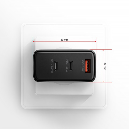 ACU-DPQ100 Ładowarka sieciowa, GaN 100W, 3x port (USB-A + dual USB-C) PD3.0/QC4+/PPS/Apple, czarna
