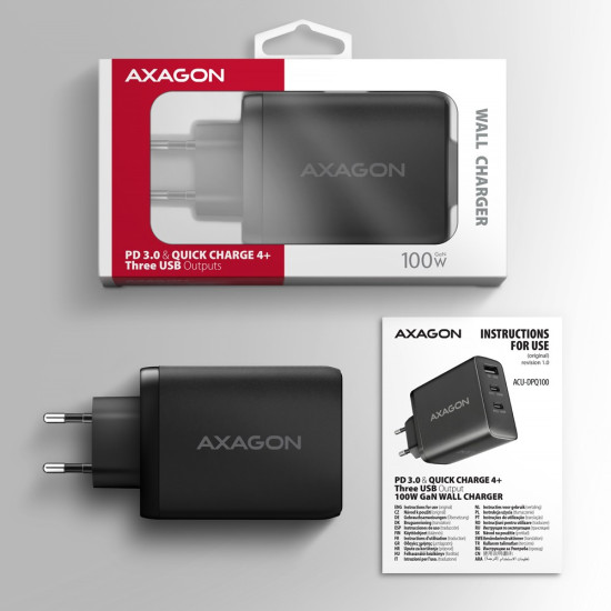 ACU-DPQ100 Ładowarka sieciowa, GaN 100W, 3x port (USB-A + dual USB-C) PD3.0/QC4+/PPS/Apple, czarna