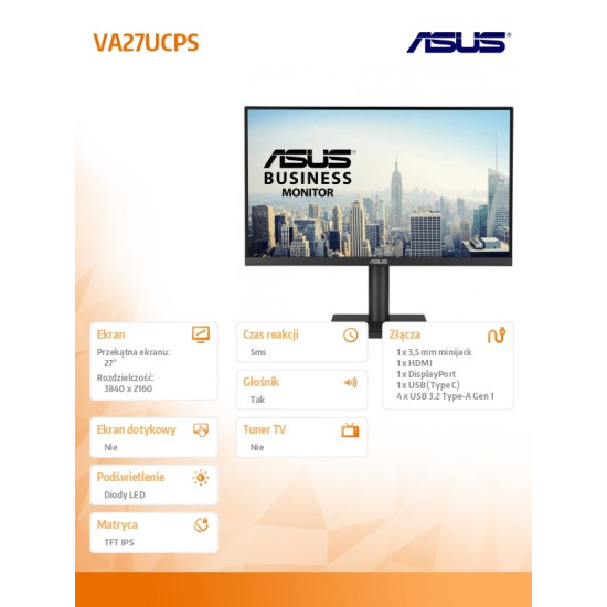 Monitor 27 cali VA27UCPS 4K UHD USB-C65 HDR10