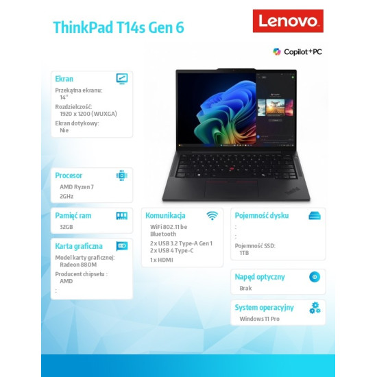 Ultrabook ThinkPad T14s G6 21M1000GPB W11Pro 7 PRO 360/32GB/1TB/INT/14.0 WUXGA/Black/3YRS Premier Support + CO2 Offset 