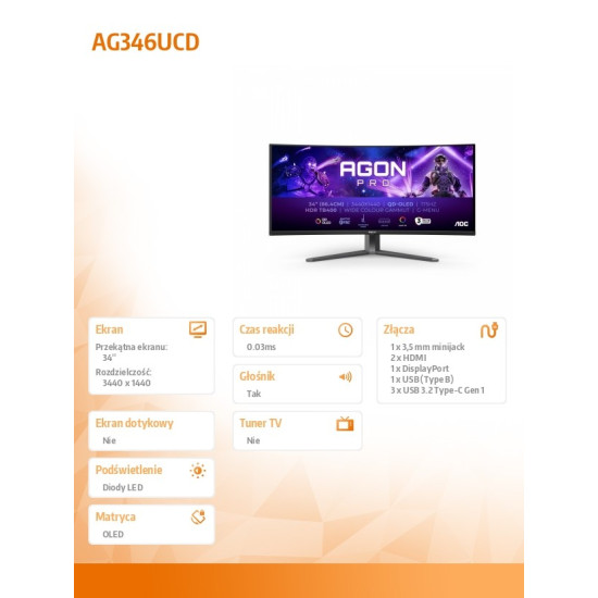 Monitor AG346UCD 34 cale 175Hz Curved QD-OLED HDMIx2 DP HAS Głośniki 