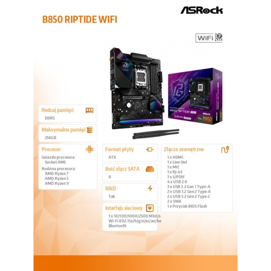 Płyta główna B850 Phantom Gaming Riptide WiFi AM5 4DDR5 ATX 