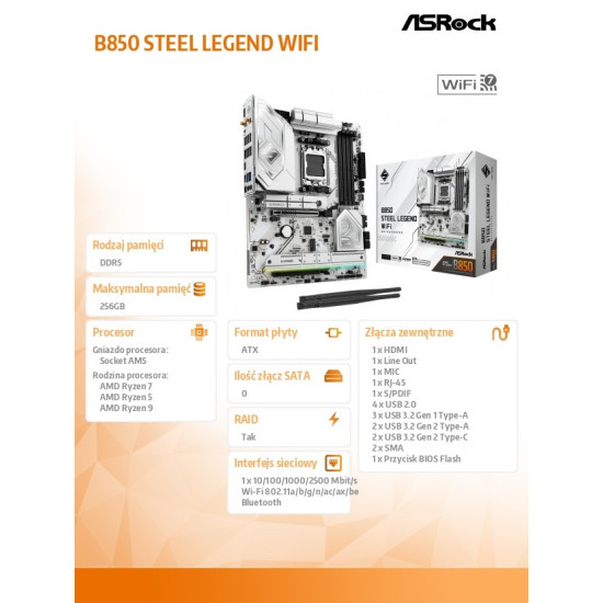 Płyta główna B850 Steel Legend WiFi AM5 4DDR5 ATX 