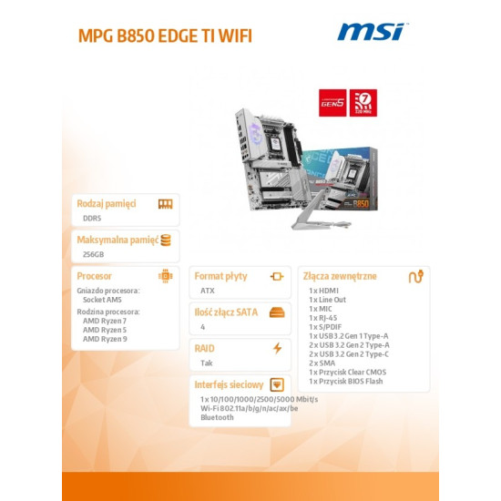 Płyta główna MPG B850 EDGE TI WIFI AM5 4DDR5 ATX 
