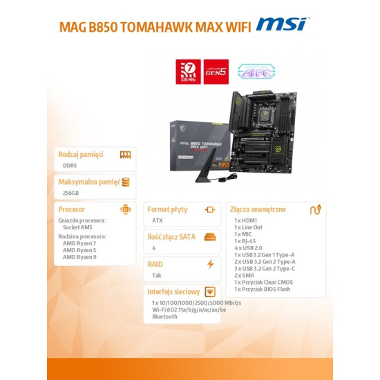 Płyta główna MAG B850 TOMAHAWK MAX WIFI AM5 4DDR5 ATX 