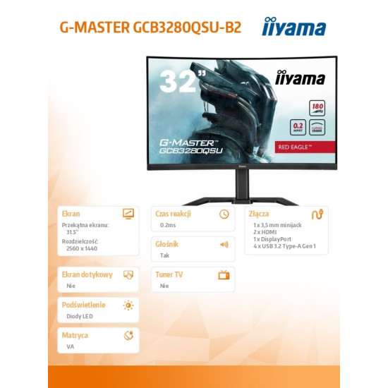 Monitor 32 cale GCB3280QSU-B2,VA,QHD,180Hz,1500R,0.2ms,4xUSB,350cd 