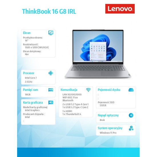 Notebook ThinkBook 16 G8 21SH00A4PB W11Pro Intel 7 240H/16GB/512GB/INT/16 cali WUXGA/Luna Grey/3YRS OS + CO2 Offset 