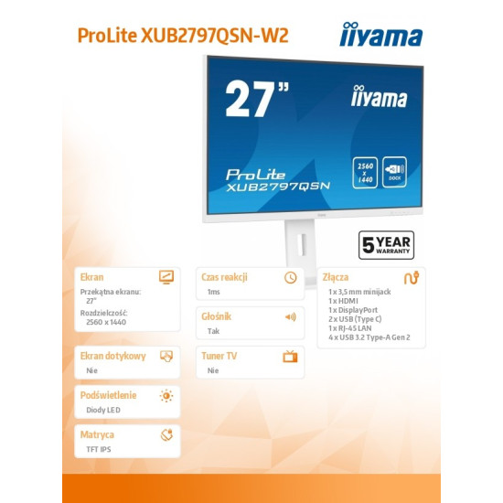 Monitor 27 cali XUB2797QSN-W2 IPS,QHD,USB-c Dock,HDMI,DP,PD-65W,2x2W, 4xUSB(3.2),300cd/m2,80M:1,sRGB:99%/5y/ 