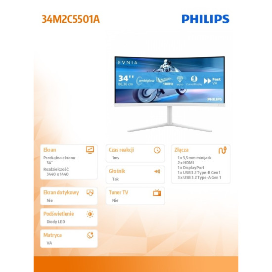 Monitor 34 cale 34M2C5501A Curved VA 180Hz HDMIx2 DP HAS Ambiglow