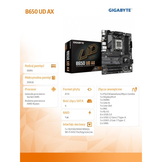 Płyta główna B650 UD AX AM5 4DDR5 HDMI/DP ATX 