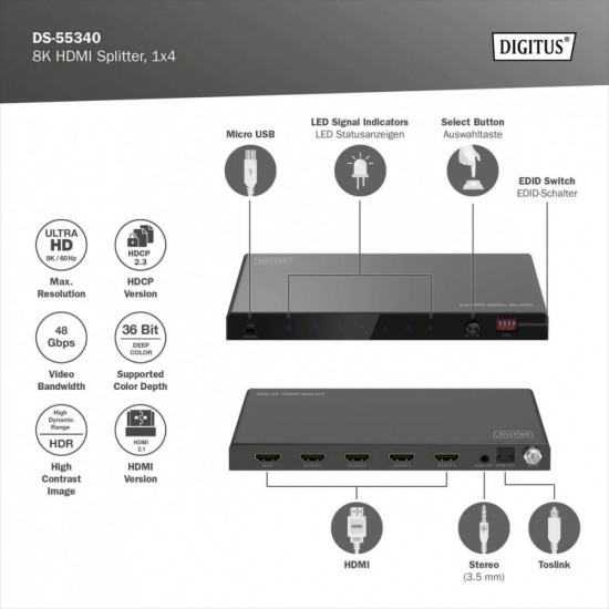 Rozdzielacz/Splitter HDMI 1x4, 8K/60Hz (4:4:4) z HDR, 48 Gbps, HDCP 2.3. Toslink / Stereo, EDID 