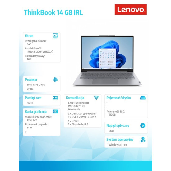 Laptop ThinkBook 14 G8 21SJ0089PB W11Pro Ultra 7 255H/16GB/512GB/INT/14.0 WUXGA/Arctic Grey/3YRS OS + CO2 Offset 