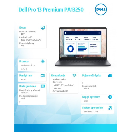 Laptop Dell Pro 13 Premium PA13250/Ultra 7 266V/16GB/512GB SSD Gen4 CL35/13.3 FHD+/Arc/FgrPr/Cams&Mic/WLAN+BT/Backlit Kb/3C/vPro/3YPS Magnesium