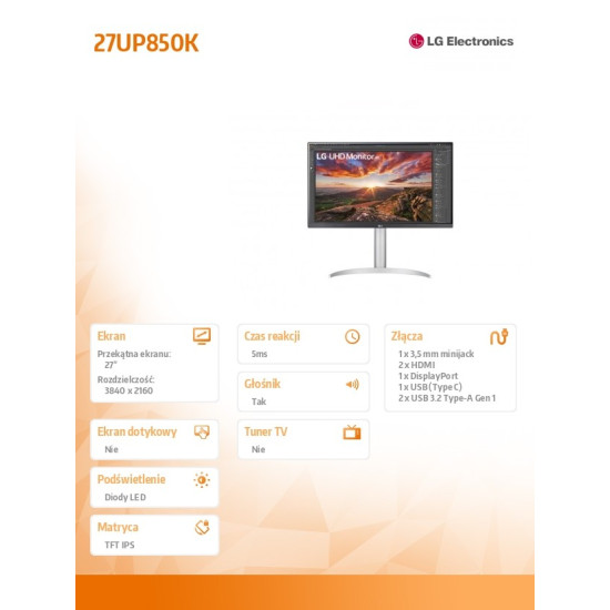 Monitor 27 cali 27UP850K-W UHD IPS USB-C Vesa DisplayHDR