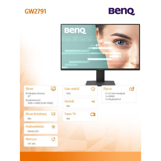 Monitor 27 cali GW2791 LED 5ms/100Hz/IPS/HDMI