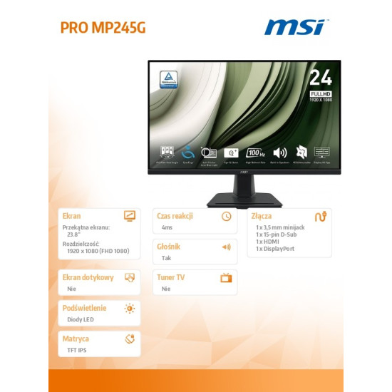 Monitor 23.8 cala PRO MP245G LED/FHD/Flat/100Hz/czarny
