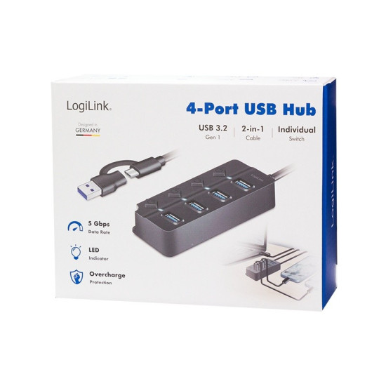 HUB 4xUSB-A, Gen1, 4x ON/OFF, czarny 