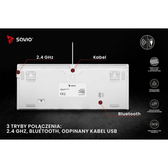 Klawiatura mechaniczna bezprzewodowa SAVIO PHENIX WHITE Gateron Yellow, Pudding