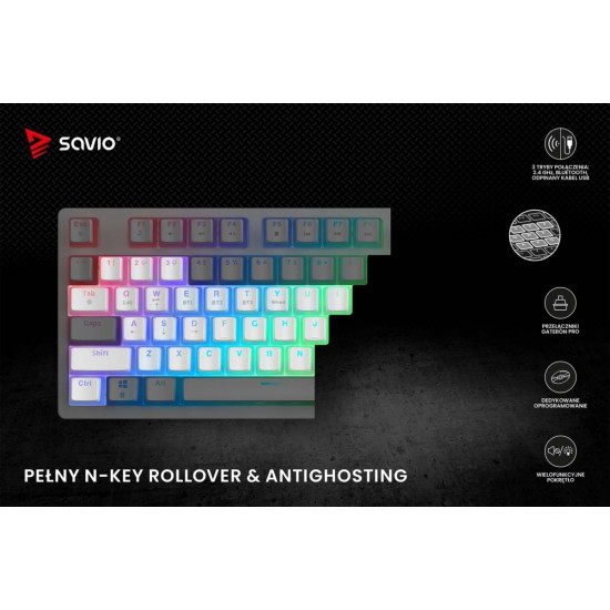 Klawiatura mechaniczna bezprzewodowa SAVIO PHENIX WHITE Gateron Yellow, Pudding