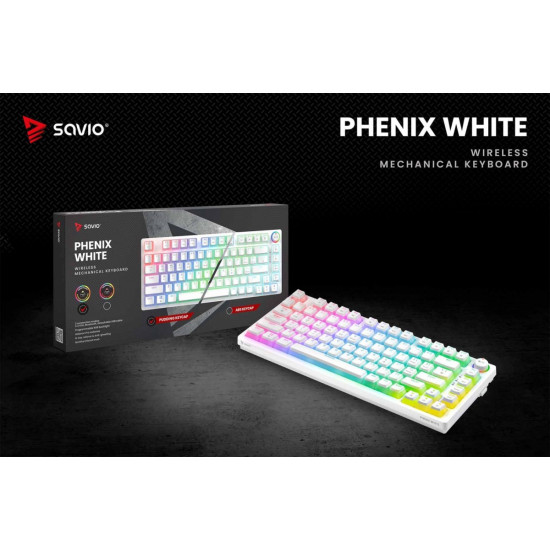Klawiatura mechaniczna bezprzewodowa SAVIO PHENIX WHITE Gateron Yellow, Pudding