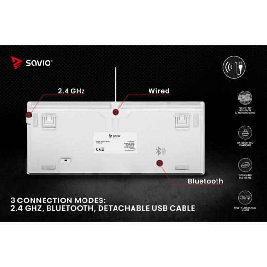 Klawiatura mechaniczna bezprzewodowa SAVIO PHENIX WHITE Gateron Yellow, Pudding