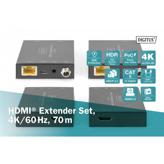 Przedłużacz / Extender HDMI 70m po skrętce kat.5e/6/7 4K 60Hz PoC (Power over Cable) (zestaw)