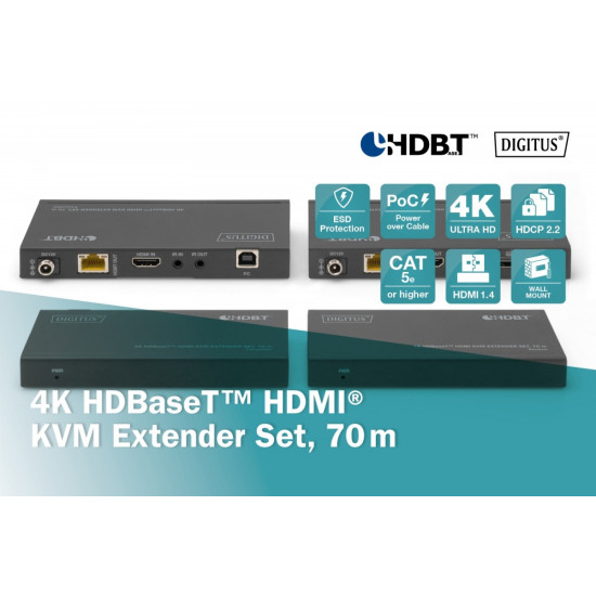Przedłużacz/Extender KVM HDMI+USB HDBaseT 70m 4K30Hz HDCP 2.2 PoC (Power over Cable) audio IR zestaw