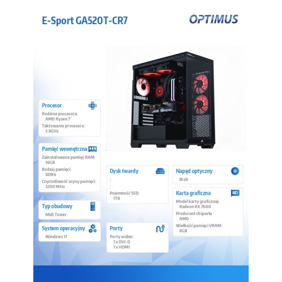 Komputer E-Sport GB550T-CR5 Ryzen 7 5800X/16GB/1TB/RX 7600 GAMING OC 8G/W