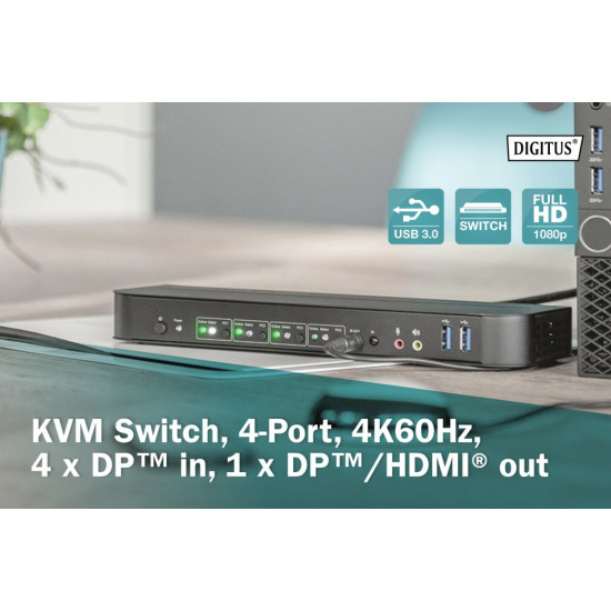 Przełącznik KVM, 4 portowy, 4K 60Hz, 4x DP IN, 1x DP OUT, 1x HDMI OUT, 2x USB A, 1x Audio IN&OUT 