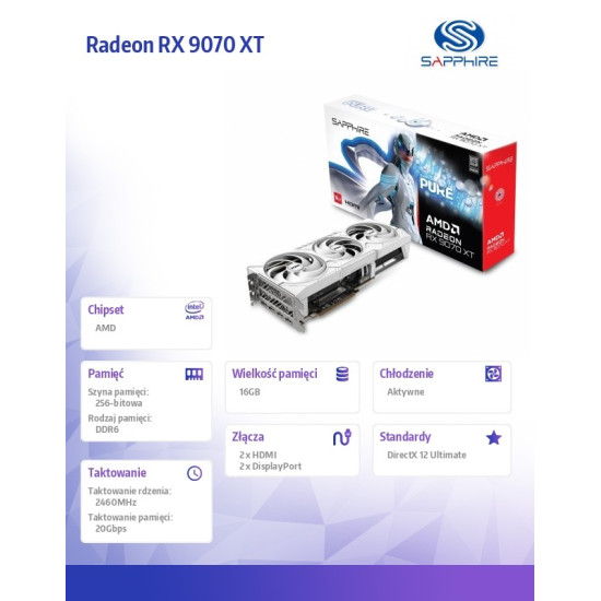 Karta graficzna Radeon RX 9070 XT PURE 16GB OC GDDR6 256bit 2DP/2HDMI