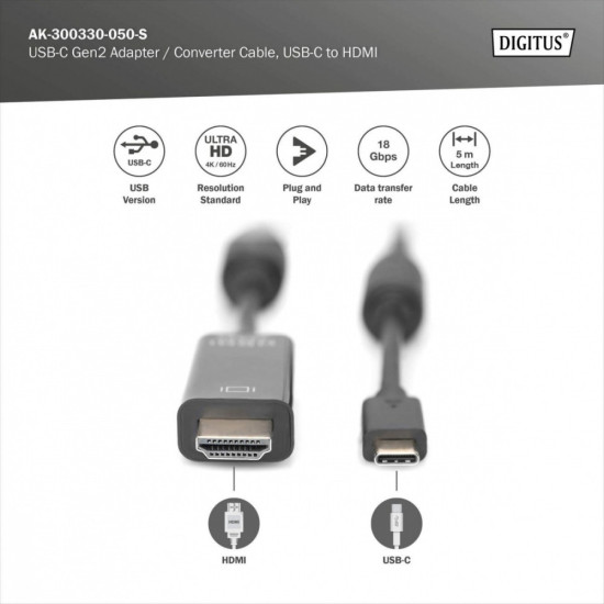Kabel USB Type-C/HDMI M/M USB 3.1 Gen.2 SuperSpeed+ 4K/60Hz 18Gbps 5m czarny