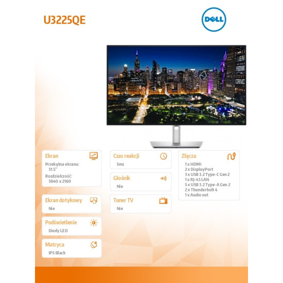 Monitor U3225QE  31,5 cala IPS Black LED 4K(3840x2160)/16:9/Thunderbolt/HDMI/DP/USB-C/USB/RJ-45/3Y 