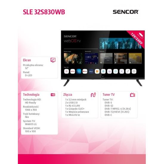 Telewizor 32 cale Smart webOS LG 12/240V SLE 32S830WB Wi-Fi BT5.0 