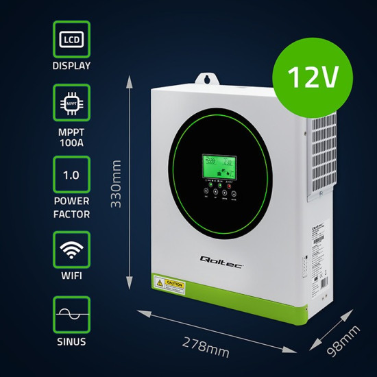 Hybrydowy Inwerter solarny Off-Grid 1500W 100A | 12V | MPPT |    Sinus | Opcja Wi-Fi | Power Factor 1.0 