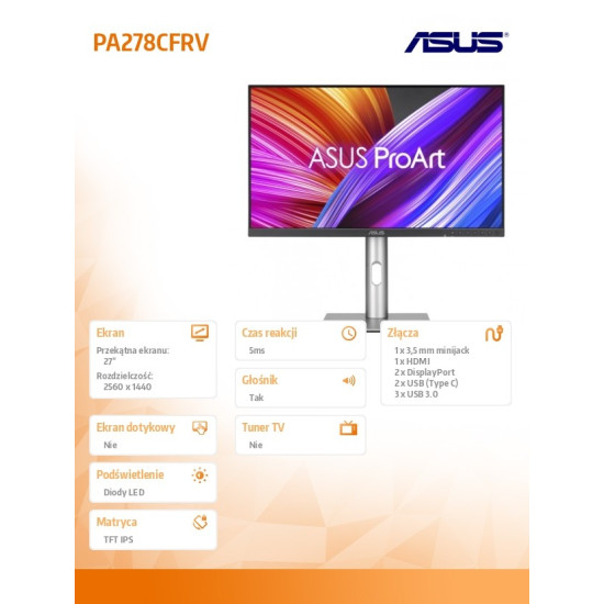 Monitor 27 cali PA278CFRV IPS QHD 100Hz HDMI DP 