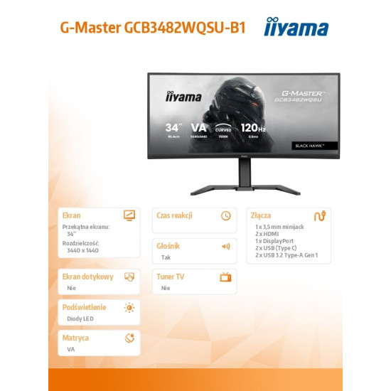 Monitor 34 cale G-Master GCB3482WQSU-B1,VA,UWQHD,120HZ,1500R, 21:9, 500cd,2x5W