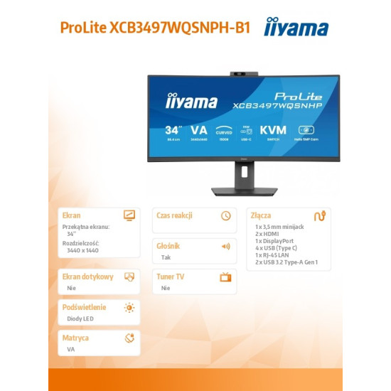 Monitor 34 cale XCB3497WQSNPH-B1,VA,UWQHD,1500R,USB-C Dock 95W, RJ45, KVM,2x5W, kamera 5MP, /5y/