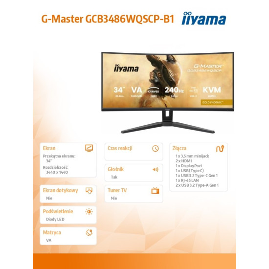 Monitor G-Master 34 cale GCB3486WQSCP-B1,VA,UWQHD,240HZ,1500R,500cd,21:9,     USB-C dock 95W, RJ45, 2x5W
