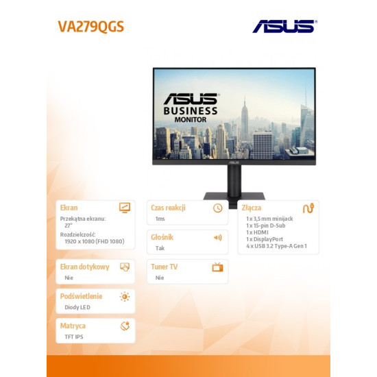 Monitor 27 cali VA279QGS IPS FHD 120Hz HDMI VGA 