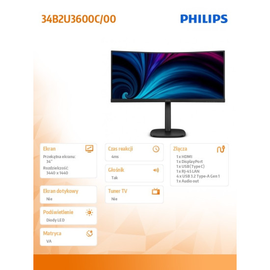 Monitor 34B2U3600C 34 cale Curved VA HDMIx2 DP HAS RJ-45 