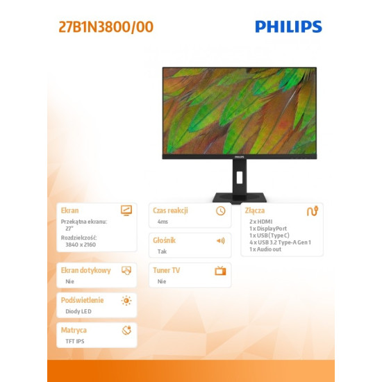 Monitor 27B1N3800 27 cali IPS 4K HDMIx2 DP USB-C Pivot Głośniki 