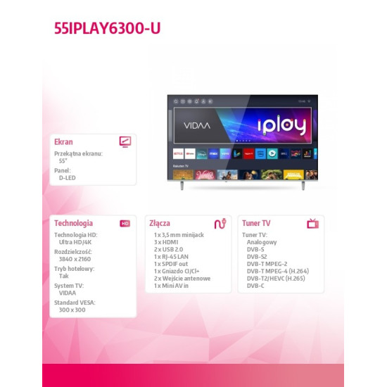 Telewizor LED 55 cali 55IPLAY6300-U
