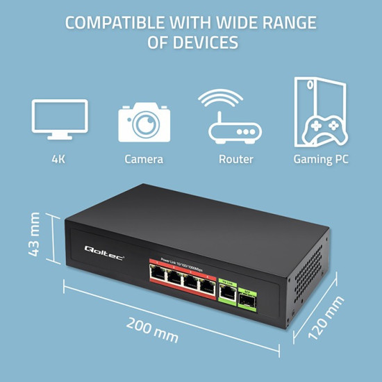 Przełącznik sieciowy SWITCH FAST ETHERNET PoE 4x RJ45 PoE 1x RJ45Uplink 1x SFP | 65W | 1000 Mb/s 