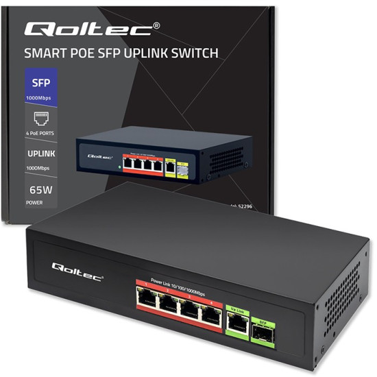 Przełącznik sieciowy SWITCH FAST ETHERNET PoE 4x RJ45 PoE 1x RJ45Uplink 1x SFP | 65W | 1000 Mb/s 