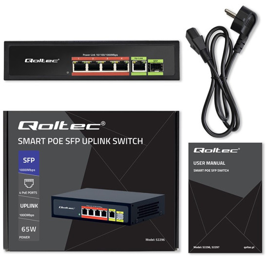 Przełącznik sieciowy SWITCH FAST ETHERNET PoE 4x RJ45 PoE 1x RJ45Uplink 1x SFP | 65W | 1000 Mb/s 