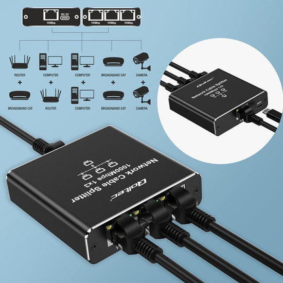 Rozdzielacz Splitter Ethernet mini SWITCH 1x3 RJ45 | 1000Mb/s |  USB-C | Aluminium 