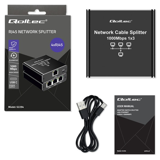 Rozdzielacz Splitter Ethernet mini SWITCH 1x3 RJ45 | 1000Mb/s |  USB-C | Aluminium 