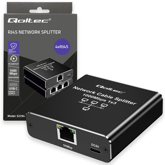 Rozdzielacz Splitter Ethernet mini SWITCH 1x3 RJ45 | 1000Mb/s |  USB-C | Aluminium 